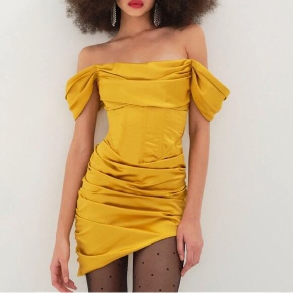 For Love & Lemons Women’s Drew Mini Bustier Draped Dress in Golden Yellow Satin - Picture 2 of 12